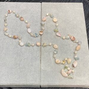 Pink opal, morganite and cultured freshwater Pearl necklace 36 inches long
